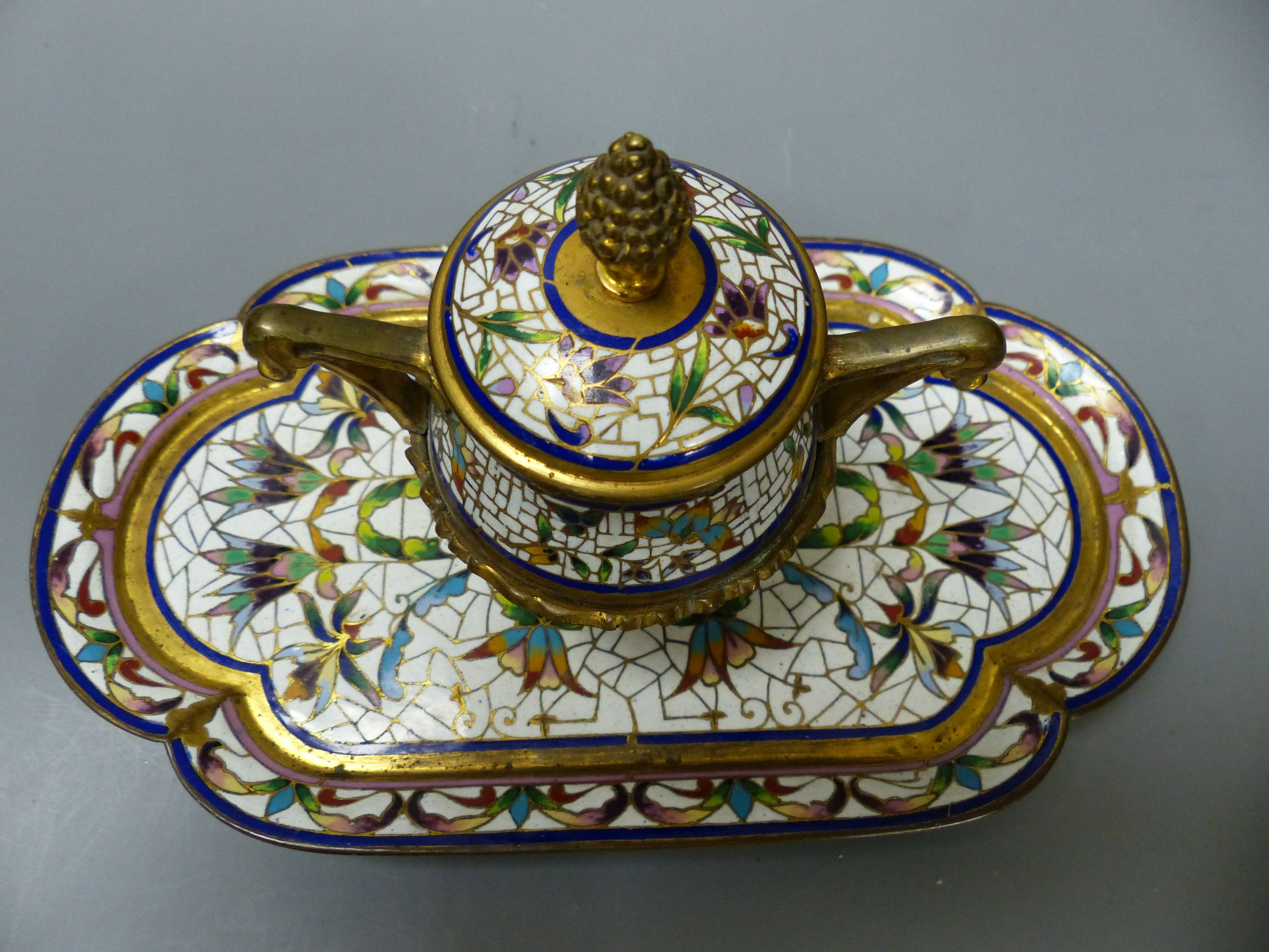 A 19th century French champleve enamel ink stand, length 24cm